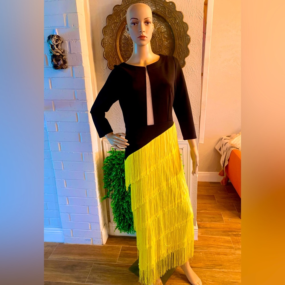 Black and Yellow fringe asymmetrical dress